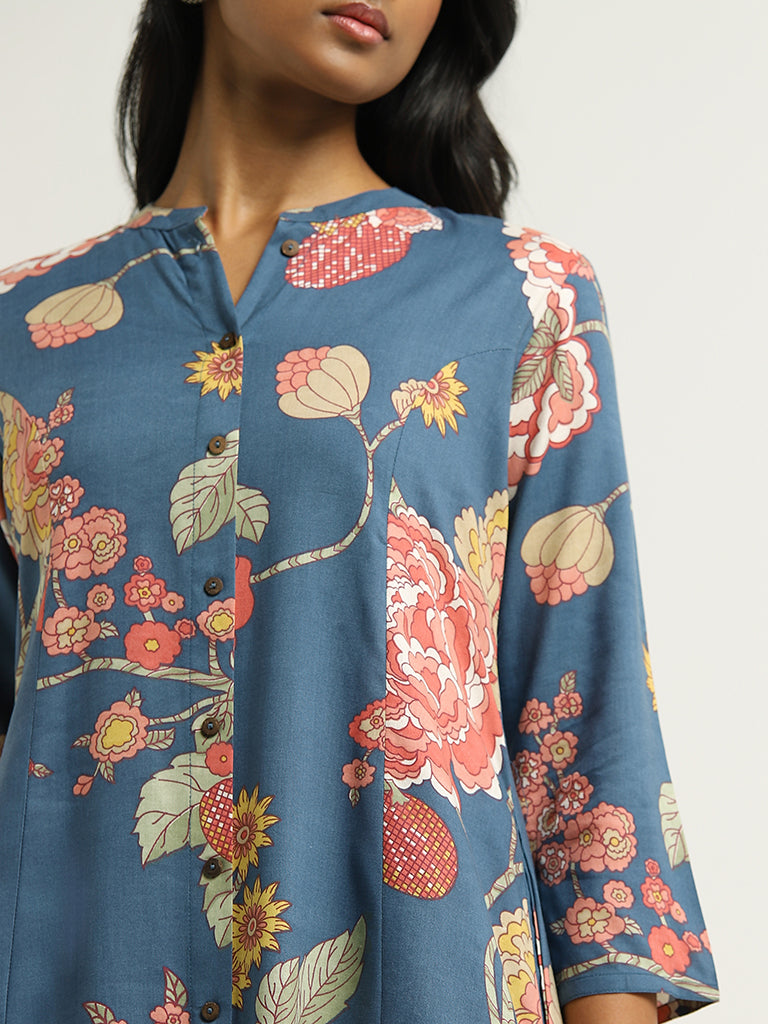 Buy Utsa by Westside Turquoise Curved Hem Floral Print Kurti (M) at  Amazon.in
